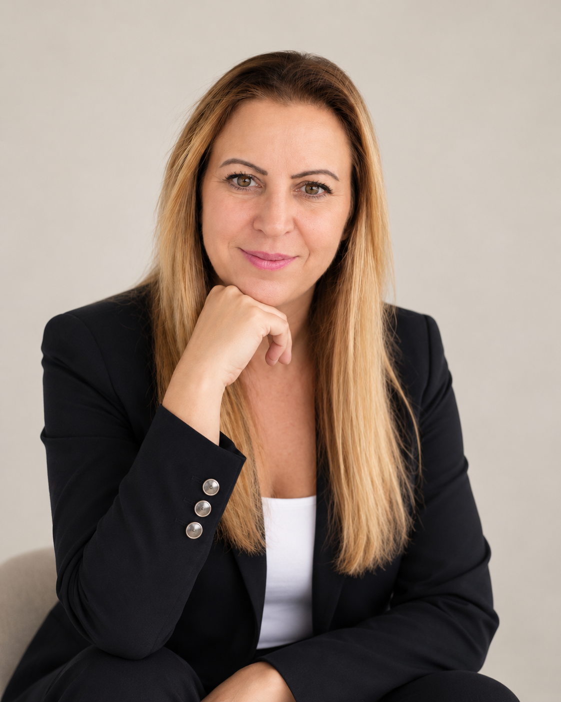 Horváth Emese portréja fekete blézerben